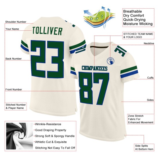 Custom Cream Green-Royal Mesh Authentic Football Jersey