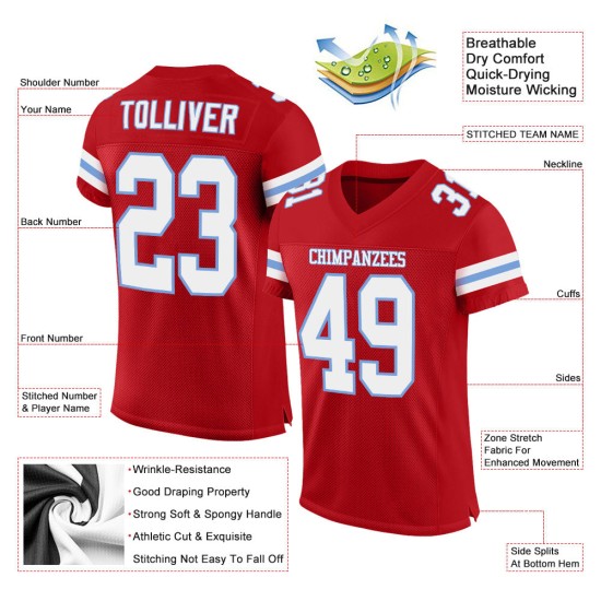 Custom Red White-Light Blue Mesh Authentic Football Jersey